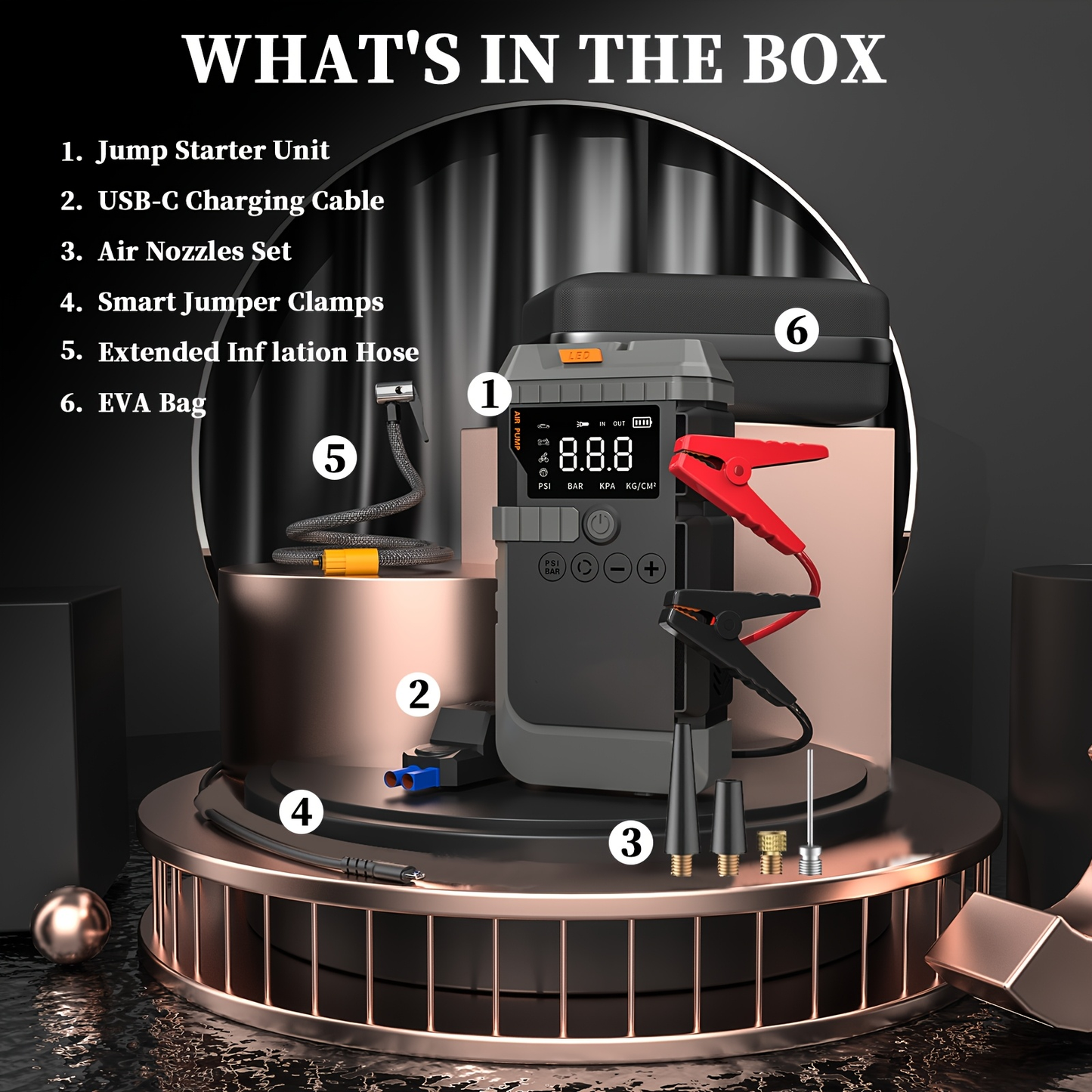 Jump Starter Power Bank 10000A 4-in-1 with 150 PSI Air Compressor LED Emergency Light USB Charging for Gas Diesel 12V Car Battery Emergency Starter Kit