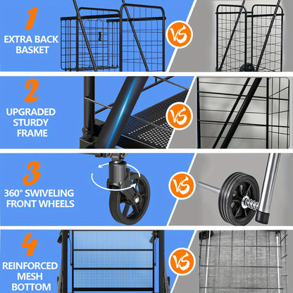 Folding Grocery Cart on Wheels Heavy Duty 132 LBS Capacity, Double Basket Shopping Cart for Groceries Laundry Foldable Utility Cart