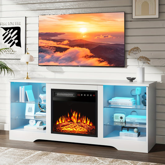 Electric Fireplace TV Stand 58 Inch Entertainment Center with 18" Fireplace Heater 16-Color LED Glass Shelves Storage Cabinets for TVs up to 65"