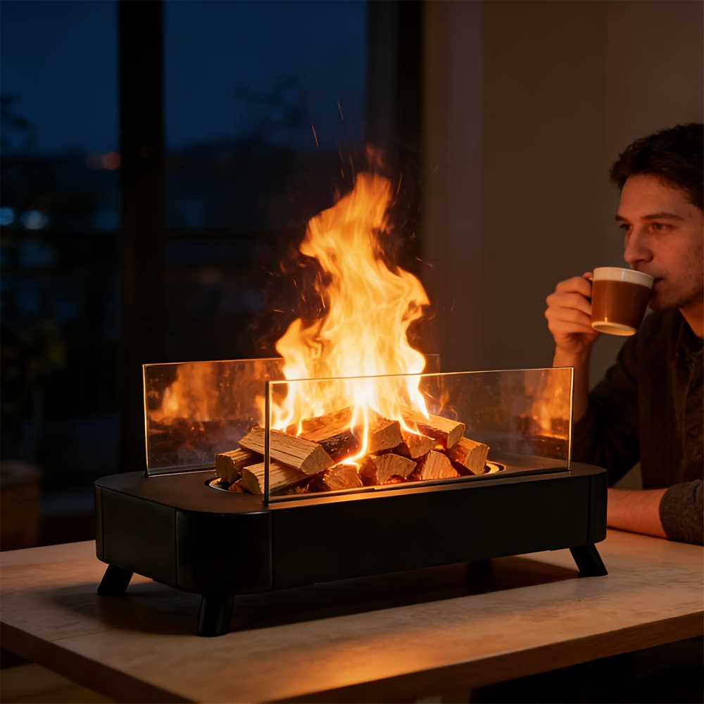 Tabletop Fire Pit Wood Pellet Smoke-Free 15 Inch with Glass Wind Guard, Portable Outdoor Mini Fire Pit for Patio Backyard Camping Tailgating Deck