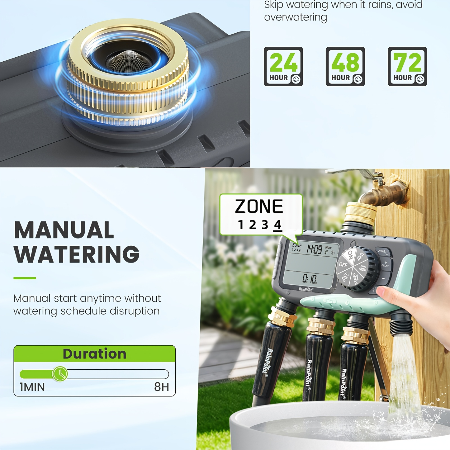 Garden Irrigation System 4-Zone – Automatic Watering Controller with Brass Head, Manual & Rain Delay Modes, Independent Zone Scheduling