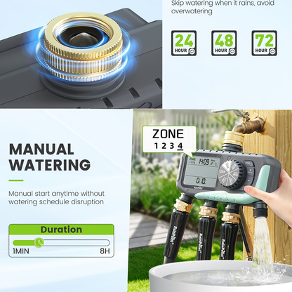 Garden Irrigation System 4-Zone – Automatic Watering Controller with Brass Head, Manual & Rain Delay Modes, Independent Zone Scheduling