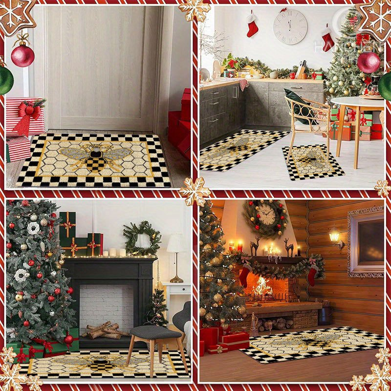 Non-Slip Bee Honeycomb Flannel Floor Mat Machine Washable Welcome Rug Indoor Outdoor Entryway Bedside Living Room Kitchen Bee Themed Home Decor