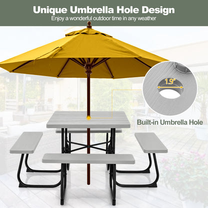 Outdoor Picnic Table 8-Person, Square HDPE Table with 4 Built-in Benches, Umbrella Hole, Metal Frame, Backyard Patio Garden Bench Set Grey/Green