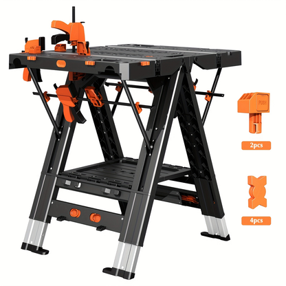 Collapsible Workbench Folding Work Table 31"x25"x32", Height-Adjustable Portable Worktable with 4 Woodworking Clamps, 4 Connecting Blocks, Precision Scale & Protractor