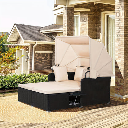 Outdoor Wicker Daybed with Retractable Canopy Side Tables Cushions PE Rattan Patio Lounge Bed Sun Lounger for Backyard Garden Pool