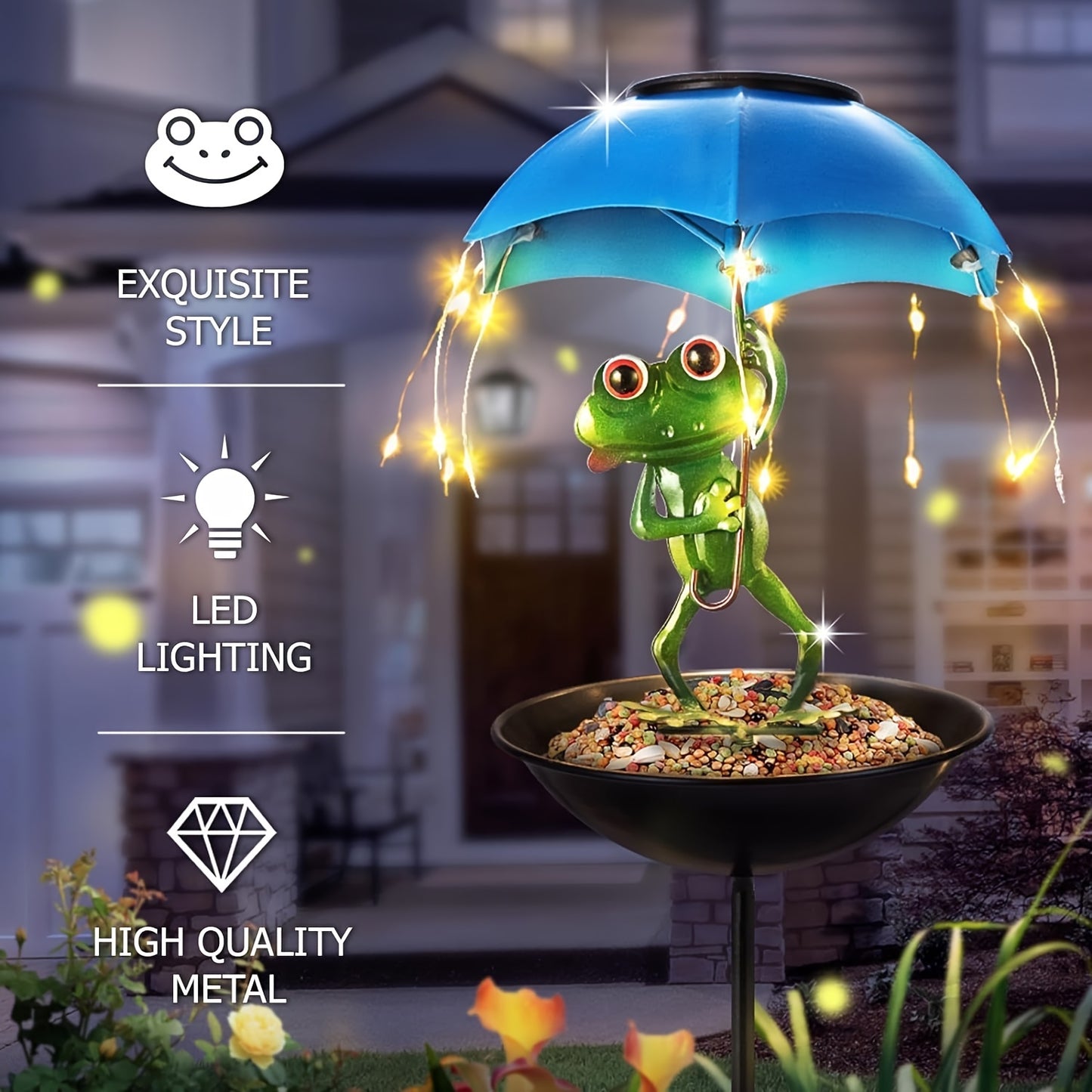 Solar Frog Statue Garden Light with Bird Feeder & LED String Decor