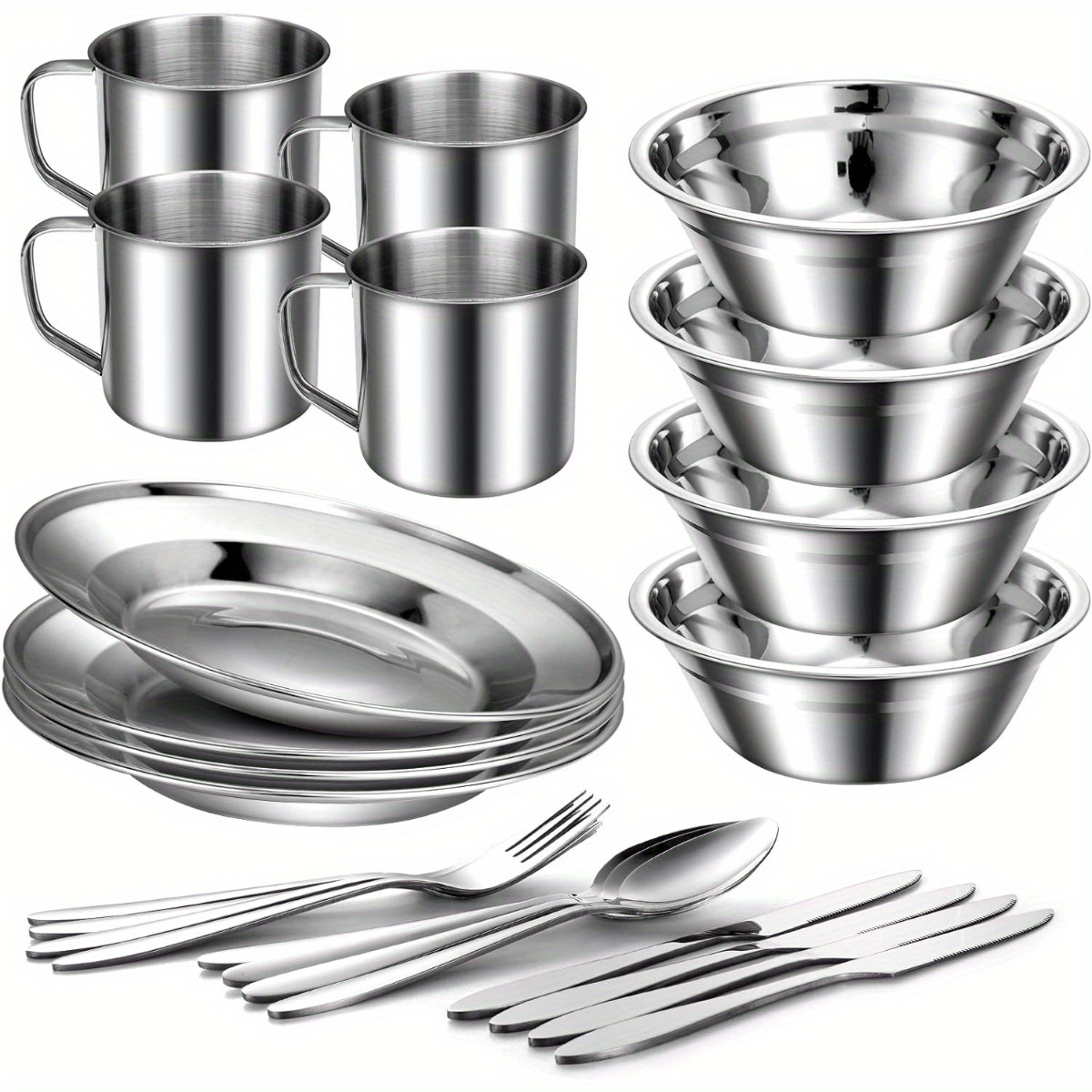 Stainless Steel Camping Mess Kit 29 Piece Dinnerware Set - Plates Bowls Mugs Cutlery
