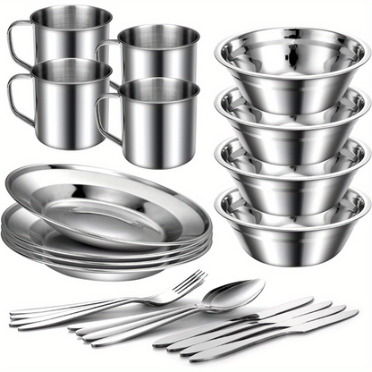 Stainless Steel Camping Mess Kit 29 Piece Dinnerware Set - Plates Bowls Mugs Cutlery