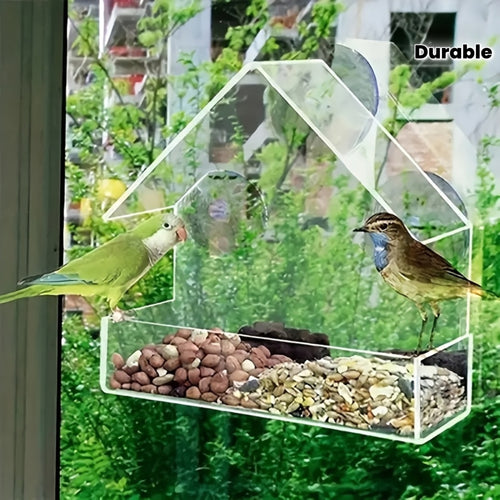 Bird Feeder Window Mount Clear Acrylic Seed Dispenser with Strong Suction Cups - Weatherproof All Season Outdoor Indoor Bird Watching Tray for Finches Sparrows Chickadees Songbirds Nature Lover Gift