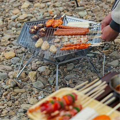 Charcoal Grill Portable Folding BBQ Fire Pit Hexagonal Camping Stove Open Grid Even Heat Backyard Picnic Beach Tailgating Outdoor Cooking Compact Easy Assembly