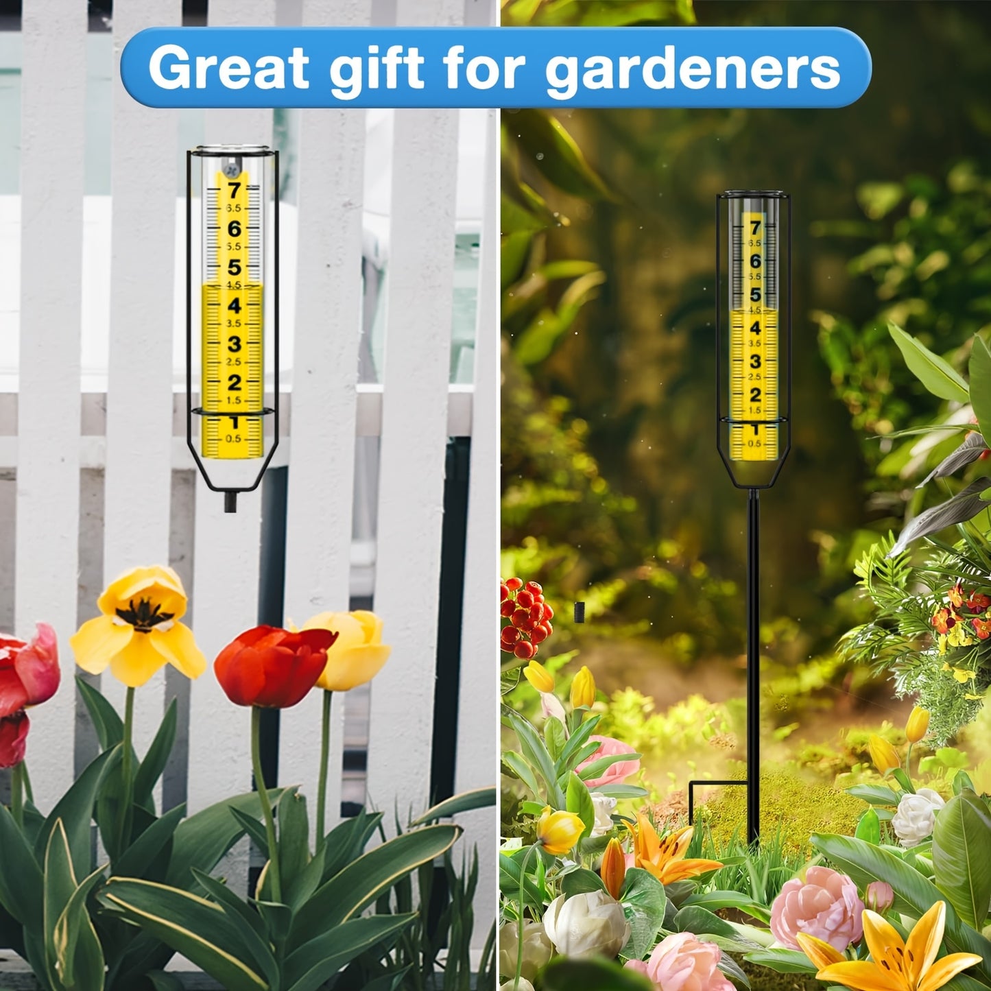 Rain Gauge Outdoor - Large Transparent Freeze-Proof Rain Gauge with Metal Frame, Adjustable Height, Easy-to-Read Measurement for Garden, Lawn & Farm