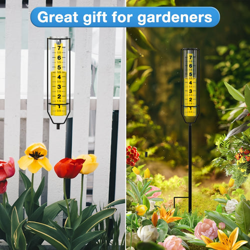 Rain Gauge Outdoor - Large Transparent Freeze-Proof Rain Gauge with Metal Frame, Adjustable Height, Easy-to-Read Measurement for Garden, Lawn & Farm