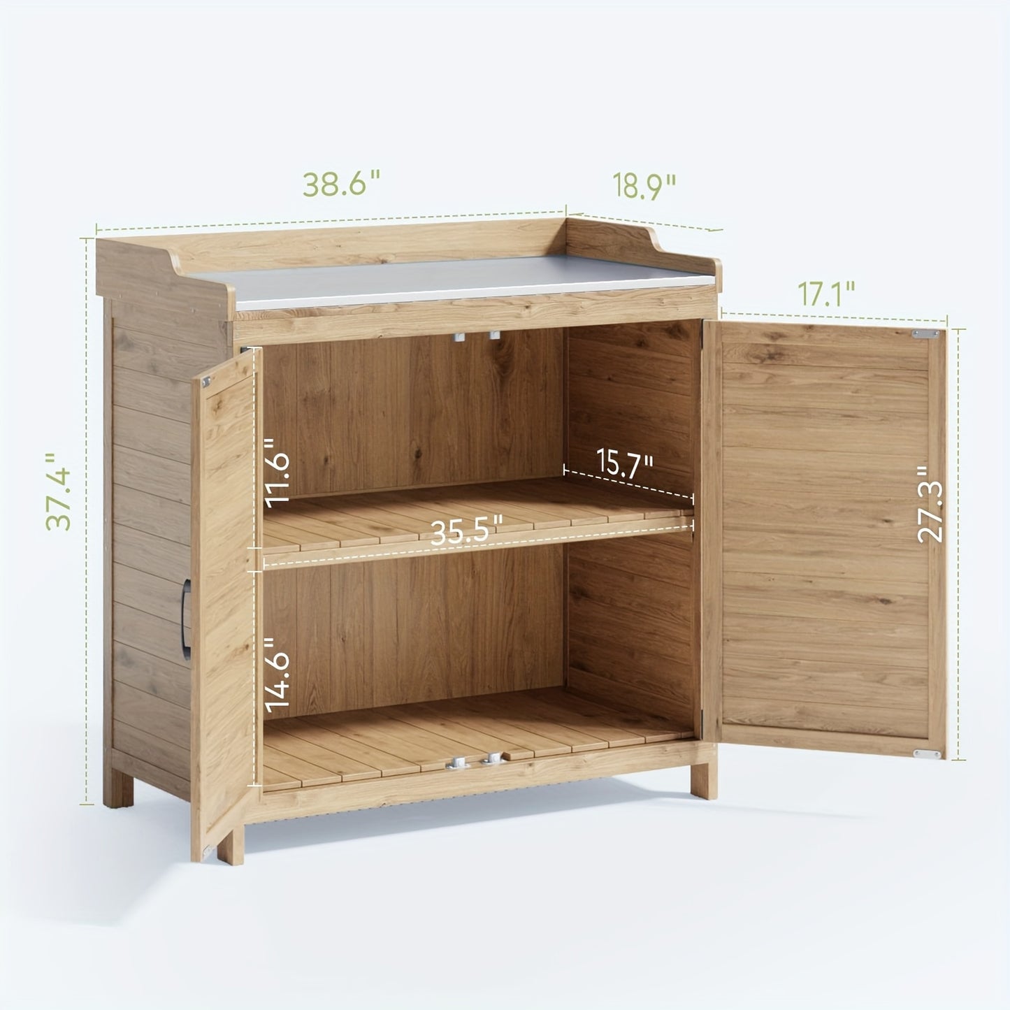 Potting Bench with Storage Cabinet, Outdoor Waterproof Wood Garden Shed Table with Removable Shelves & Doors, Heavy-Duty Yard Workstation in Grey & Natural