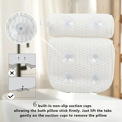 Bath Pillow 4D Grid Neck and Back Support Bathtub Cushion with 6 Suction Cups, Hooks, Quick-Dry & Machine Washable Spa Pillow for Tub Relaxation, Home Bathroom Accessory