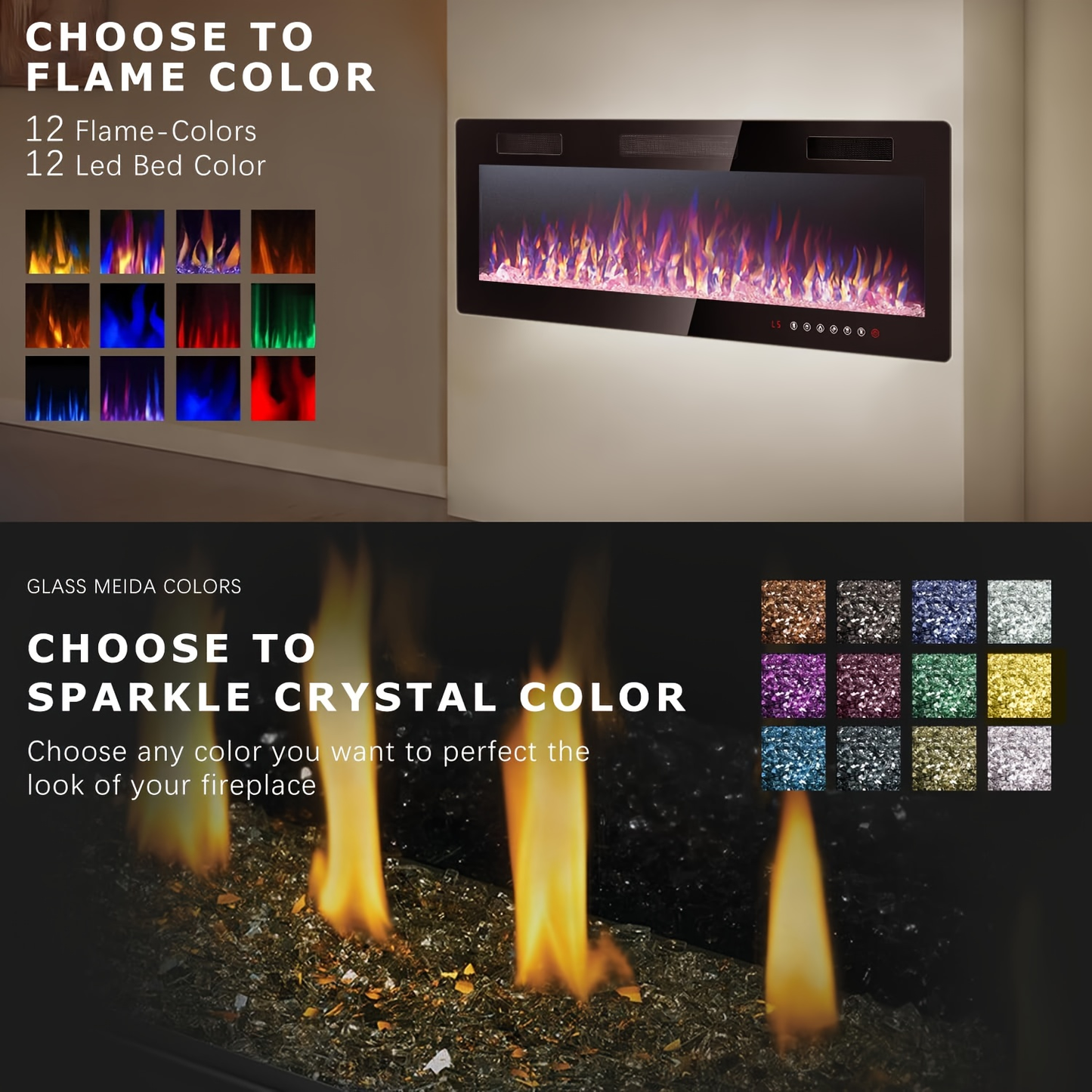Wall Mounted Electric Fireplace Recessed In-Wall Linear Heater Multicolor Flame 750W/1500W Touch Screen Remote Timer Low Noise 30-60 Inch
