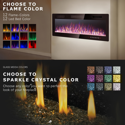 Wall Mounted Electric Fireplace Recessed In-Wall Linear Heater Multicolor Flame 750W/1500W Touch Screen Remote Timer Low Noise 30-60 Inch