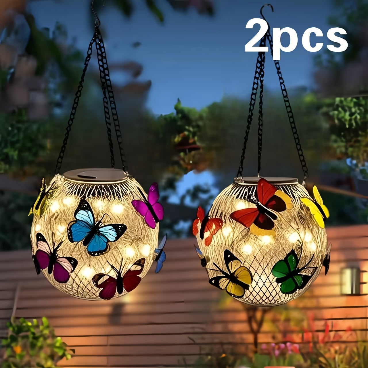 Solar Butterfly Lantern Hanging Garden Light 2-Pack Metal Iron
