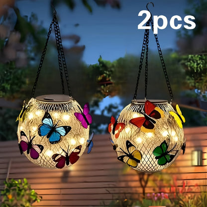 Solar Butterfly Lantern Hanging Garden Light 2-Pack Metal Iron