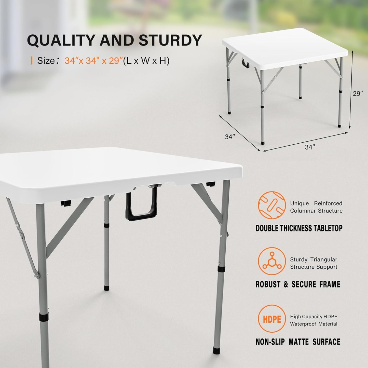 Square Folding Table 34" Bi-Fold HDPE Top 330 lbs Capacity Rust-Resistant Frame with Carry Handle for Party, Wedding, Camping & Indoor Use