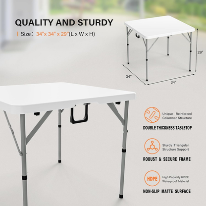 Square Folding Table 34" Bi-Fold HDPE Top 330 lbs Capacity Rust-Resistant Frame with Carry Handle for Party, Wedding, Camping & Indoor Use