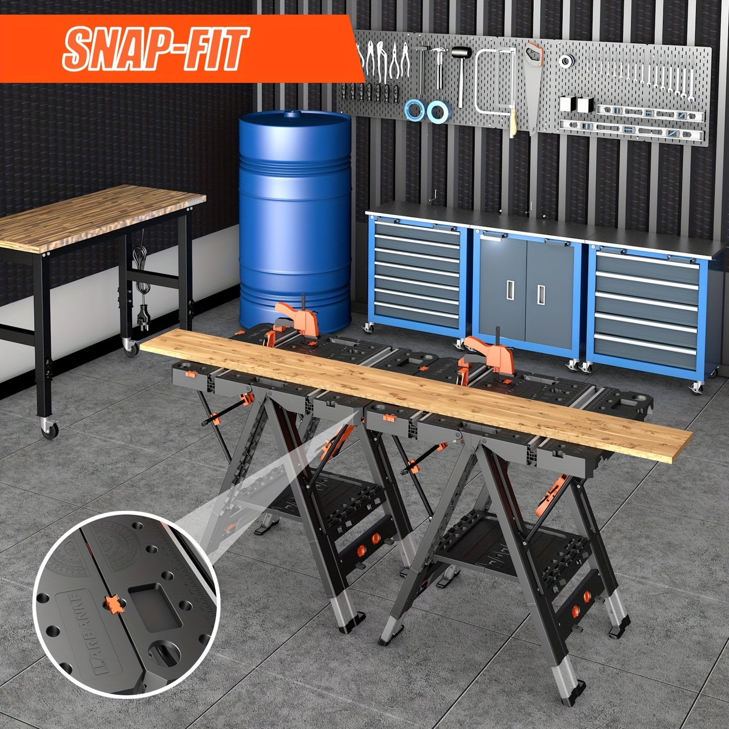 Folding Workbench 2-in-1 Portable Work Table, Height-Adjustable Sawhorse Workbench with 4 Woodworking Clamps, 4 Connecting Blocks, 2 Limit Blocks