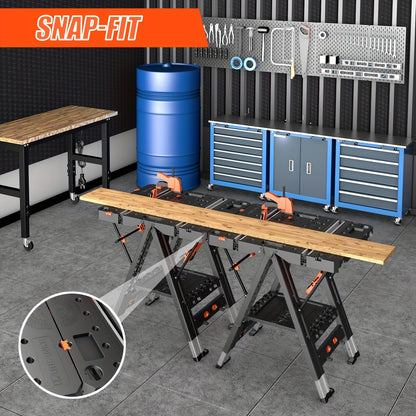 Folding Workbench 2-in-1 Portable Work Table, Height-Adjustable Sawhorse Workbench with 4 Woodworking Clamps, 4 Connecting Blocks, 2 Limit Blocks