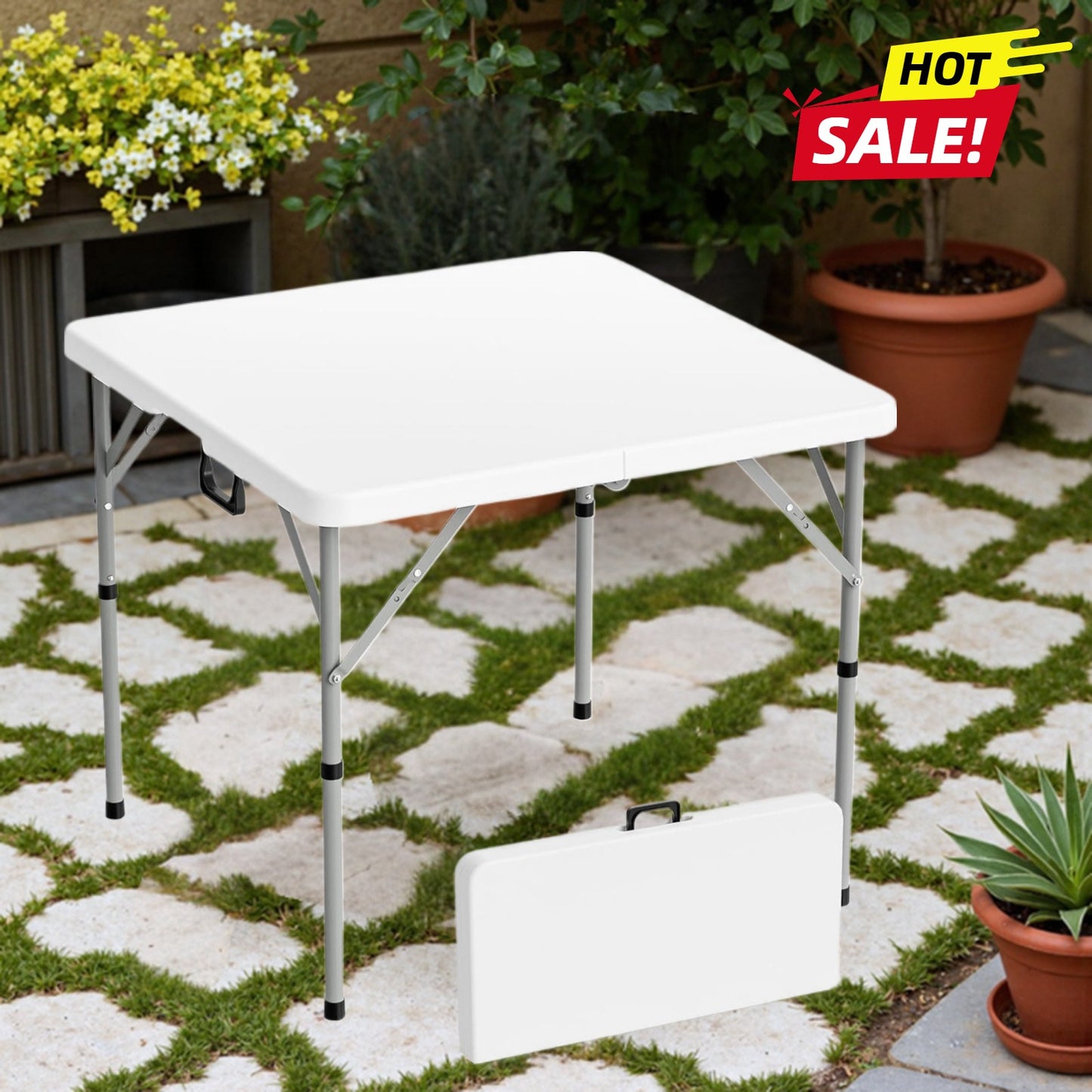 Square Folding Table 34" Bi-Fold HDPE Top 330 lbs Capacity Rust-Resistant Frame with Carry Handle for Party, Wedding, Camping & Indoor Use