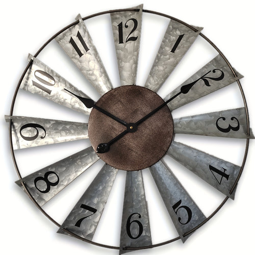 24 Inch Farmhouse Wall Clock Large Vintage Metal Windmill Blade Galvanized Analog Clock Battery Operated Silent for Living Room Kitchen Bedroom Porch