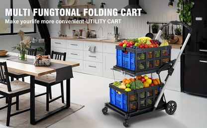 Two Tier Cart with 2 Storage Crates 360° Swivel Wheels, Heavy Duty Collapsible Shopping Trolley Folding Utility Cart for Groceries Picnic Office Multi-Use
