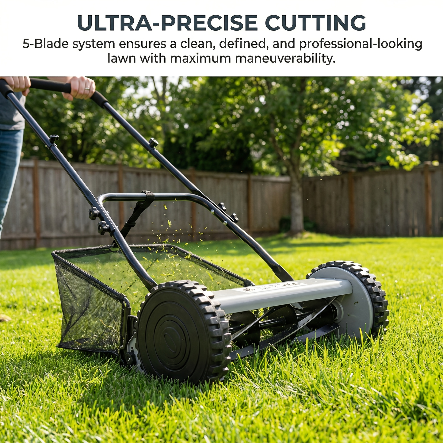 Reel Lawn Mower 14-Inch 5-Blade Manual Push with Grass Catcher, Adjustable Height 0.6"-1.8", Quiet No-Gas Walk-Behind Mower for Small Yards, 13.6 lbs Lightweight