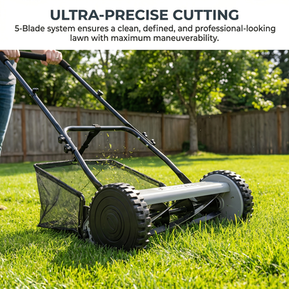 Reel Lawn Mower 14-Inch 5-Blade Manual Push with Grass Catcher, Adjustable Height 0.6"-1.8", Quiet No-Gas Walk-Behind Mower for Small Yards, 13.6 lbs Lightweight