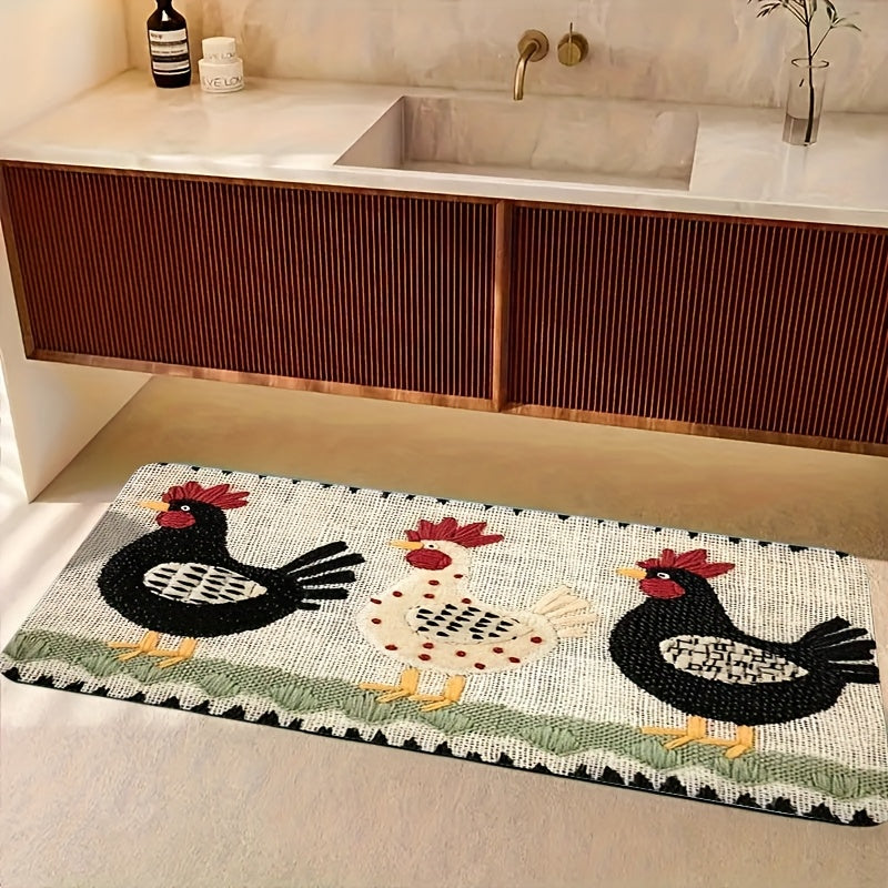 Rooster Embroidered Door Mat Indoor Outdoor Non-Woven Washable Rug for Entryway Bathroom Kitchen Porch Plaid Stripe Pattern