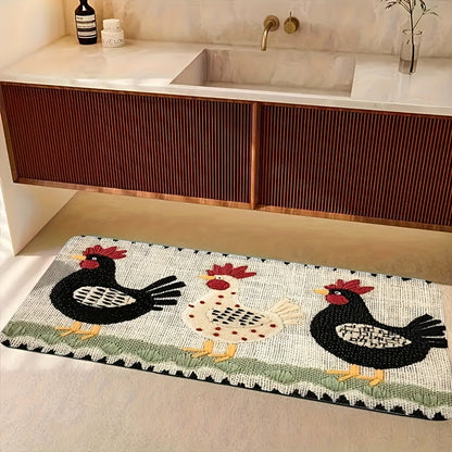 Rooster Embroidered Door Mat Indoor Outdoor Non-Woven Washable Rug for Entryway Bathroom Kitchen Porch Plaid Stripe Pattern