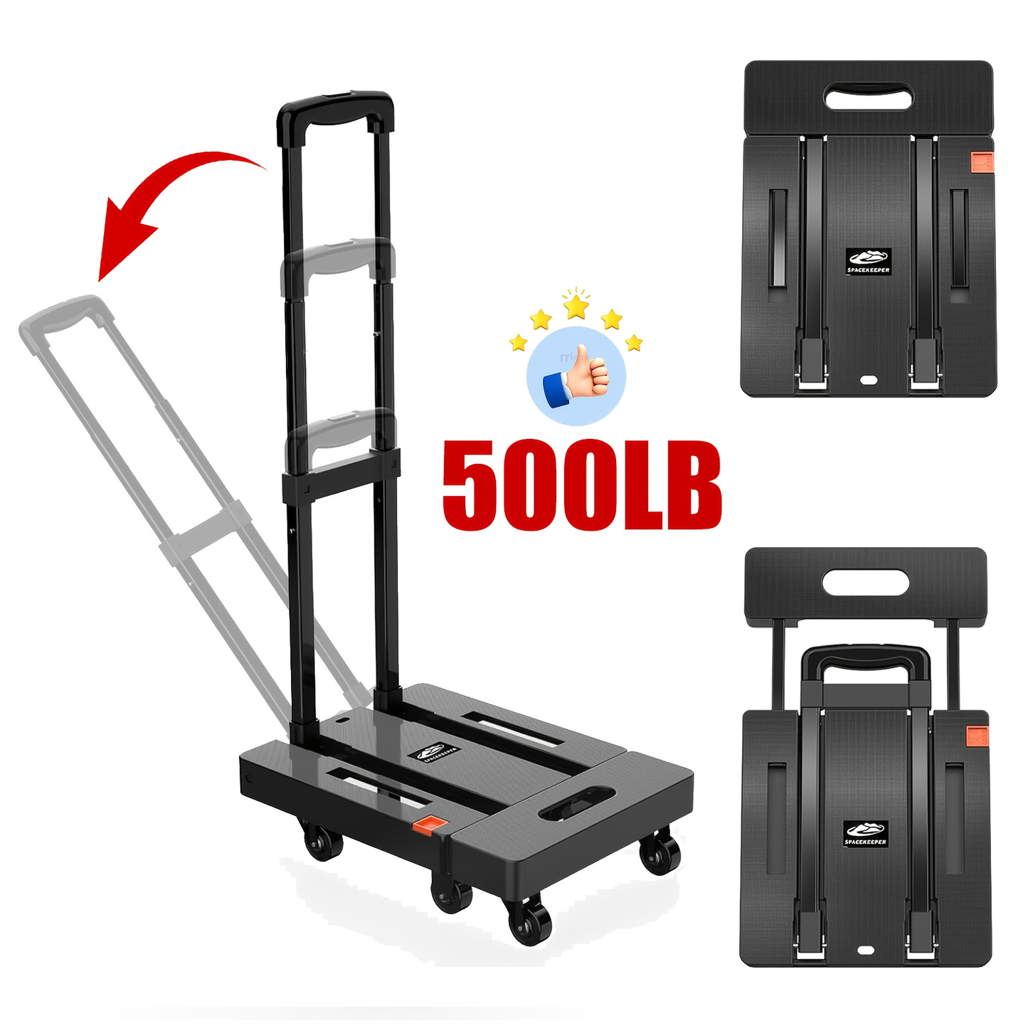 Folding Hand Truck Dolly 500LB Heavy Duty, Collapsible Luggage Cart with 6 Wheels & 2 Elastic Straps for Moving, Travel, Shopping, Office & Warehouse