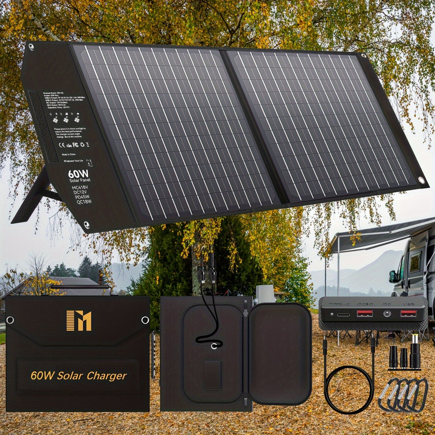 Portable Solar Panel Charger 30W 60W | Foldable Monocrystalline with 18V MC4, DC 12V, USB-A QC3.0 & USB-C PD 18W for Camping, RV, Power Station, Phone