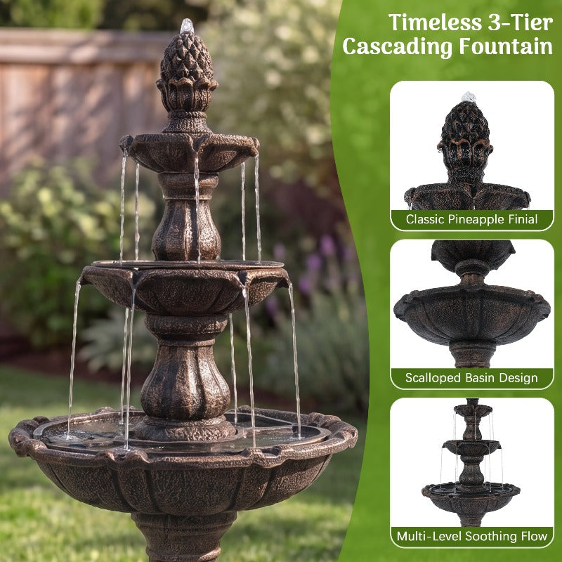 Solar Powered Outdoor Water Fountain 3-Tier – 50.5" Cascading Resin Garden Fountain with Pineapple Finial, IPX8 Pump & IP65 Solar Panel, Weather-Resistant for Patio Backyard Decor, Brown