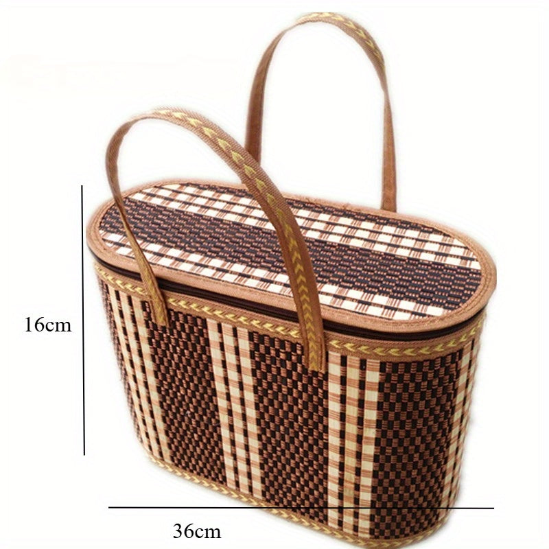 Storage Basket Woven Cotton Rope Organizer Basket with Handle – Collapsible Handcrafted Picnic Basket for Home Decor, Nursery, Laundry & Shelf Organizing