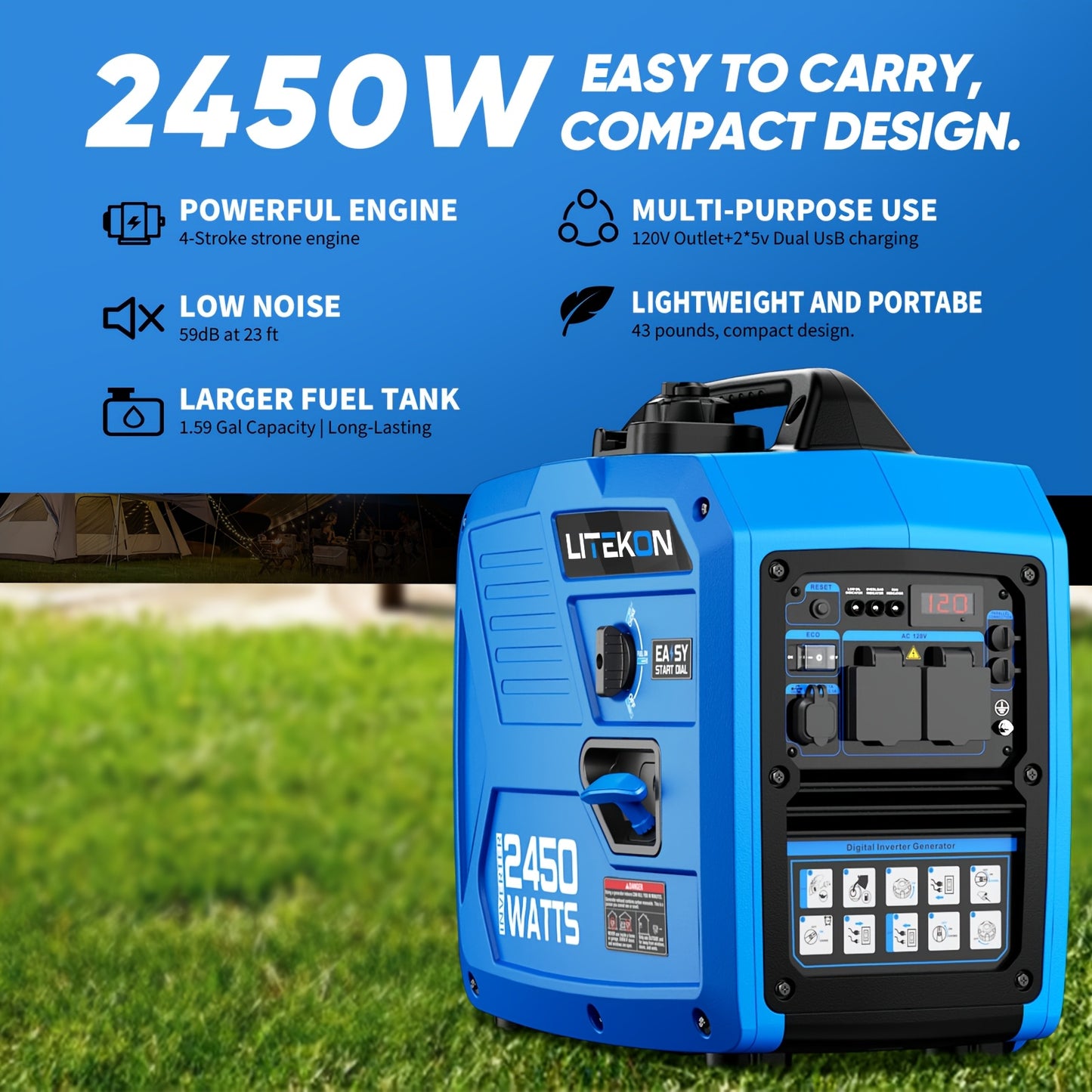 Inverter Generator 2450W Portable Super Quiet Gas Powered – 120V, 1.6 Gal Tank 8.3Hr Run Time, EPA Compliant, for Home Backup, Camping & RV Use