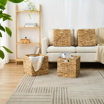 Woven Storage Baskets - Water Hyacinth, Seagrass & Paper Rope Organizer Bins for Shelves, Bathroom, Kitchen, Bedroom, Boho Home Decor