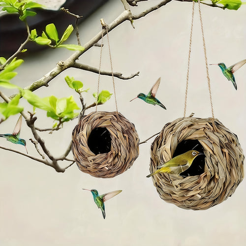 Hummingbird Nest House Handwoven Outdoor Garden Patio Bird Nest - Spherical Design Comfortable Nesting Shelter for Small Birds, Wildlife Habitat Decor