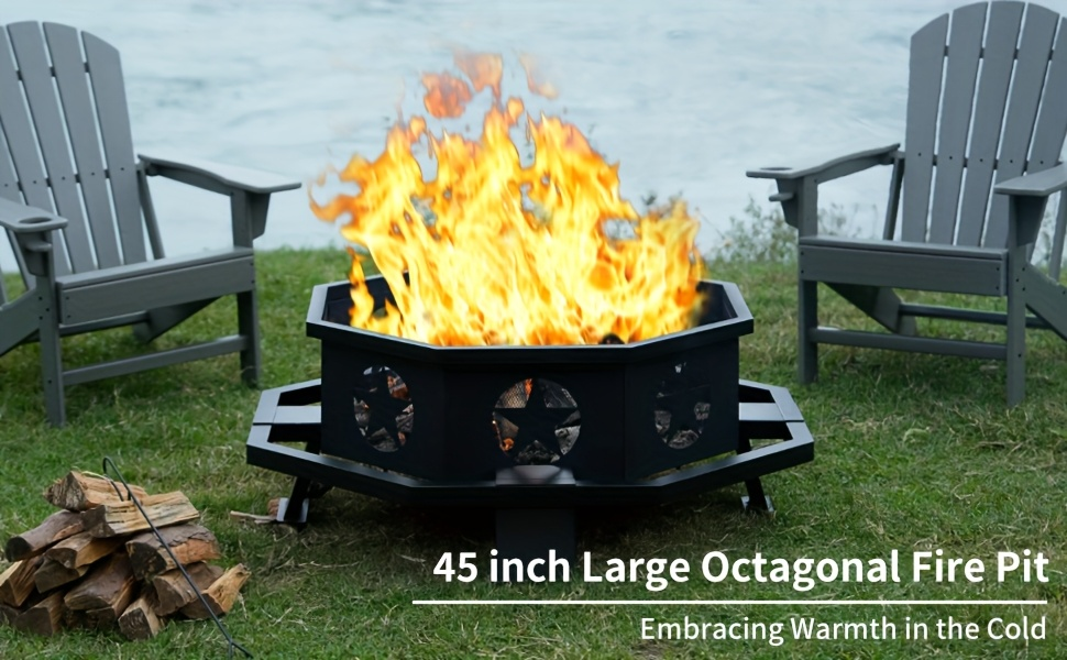 Extra Large Octagonal Fire Pit for Outside, Heavy Duty Steel Wood Burning Firepit for Backyard Patio Camping Garden, 43 & 45 Inch Outdoor Fire Bowl, Black