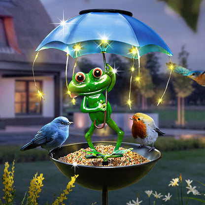 Solar Frog Statue Garden Light with Bird Feeder & LED String Decor