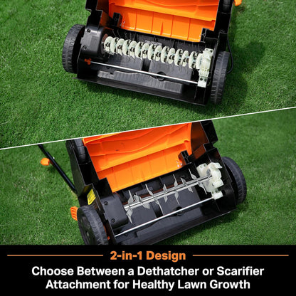 Electric Lawn Scarifier & Dethatcher 13" 12AMP 2-in-1 Aerator, 3400RPM Motor, 19 Cutting Positions, 6-Gallon Bag & Foldable Handle for Compact Storage