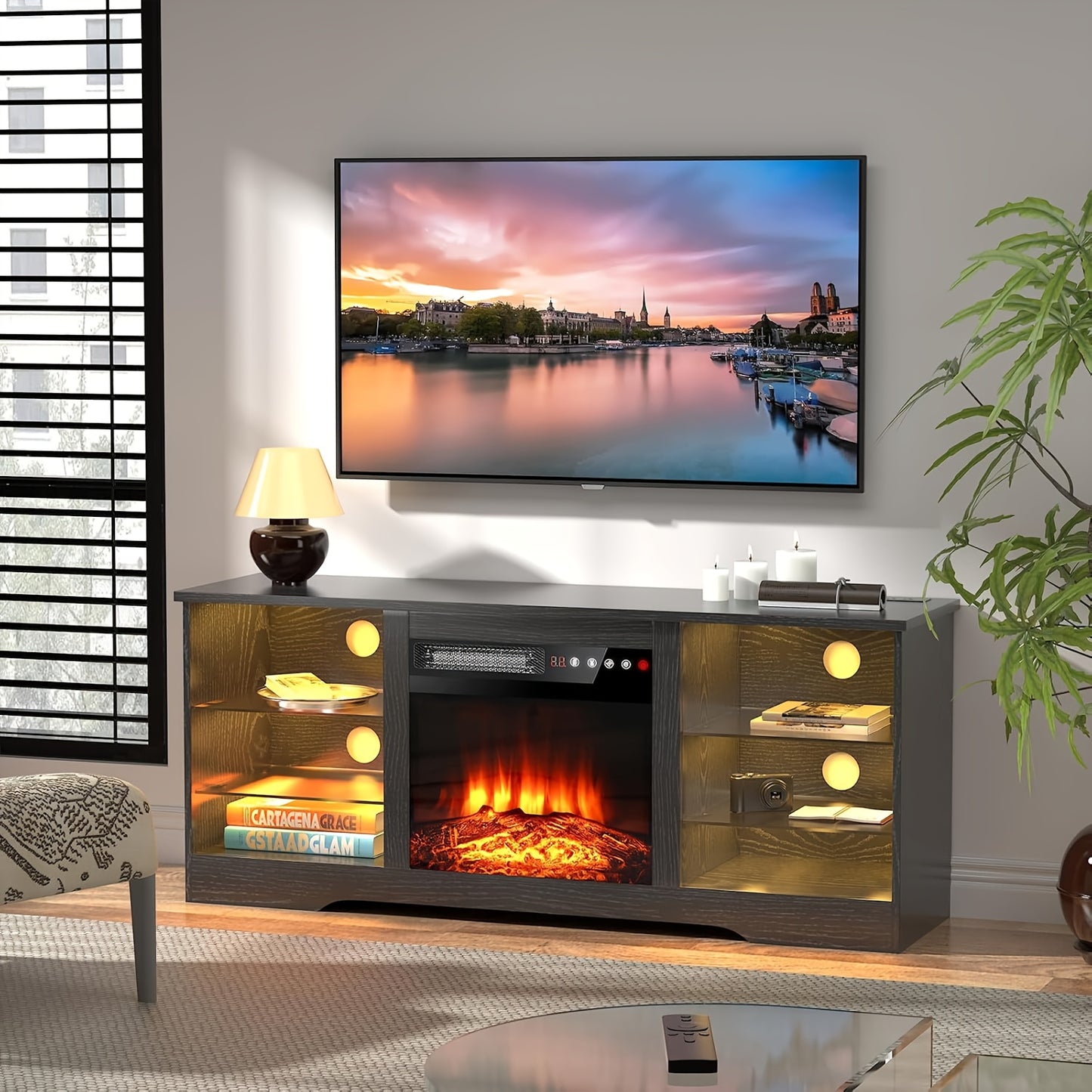 Fireplace TV Stand with 18" Electric Fireplace Insert, 58" Entertainment Center with LED Leg Lights, Media Console for TVs Up to 65", Adjustable Glass Shelves & Storage Cabinets, Black/Gray/White/Beige/Brown