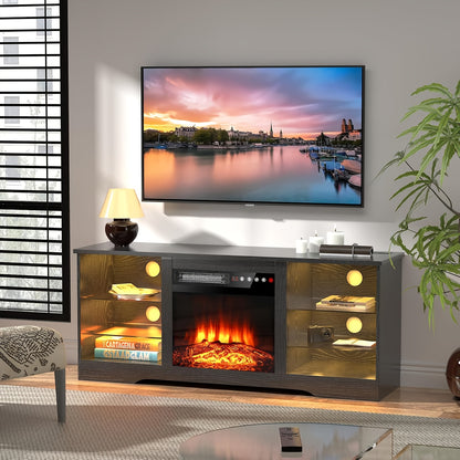 Fireplace TV Stand with 18" Electric Fireplace Insert, 58" Entertainment Center with LED Leg Lights, Media Console for TVs Up to 65", Adjustable Glass Shelves & Storage Cabinets, Black/Gray/White/Beige/Brown