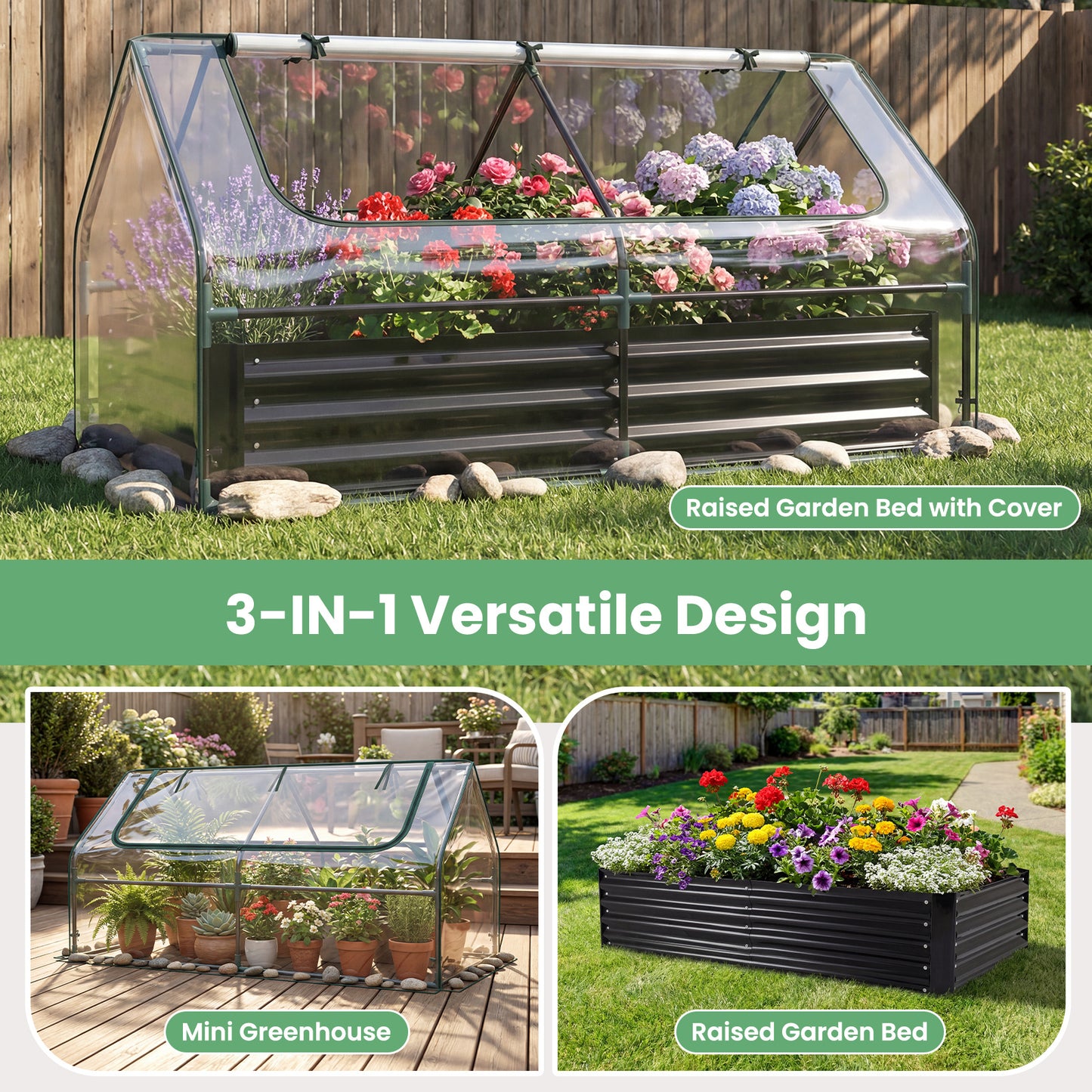 Raised Garden Bed with Greenhouse Cover 3-in-1, Metal Planter Box 71"x35.5"x36" with Dual Roll-Up Screen Windows & Open Bottom for Vegetables, Flowers & Herbs