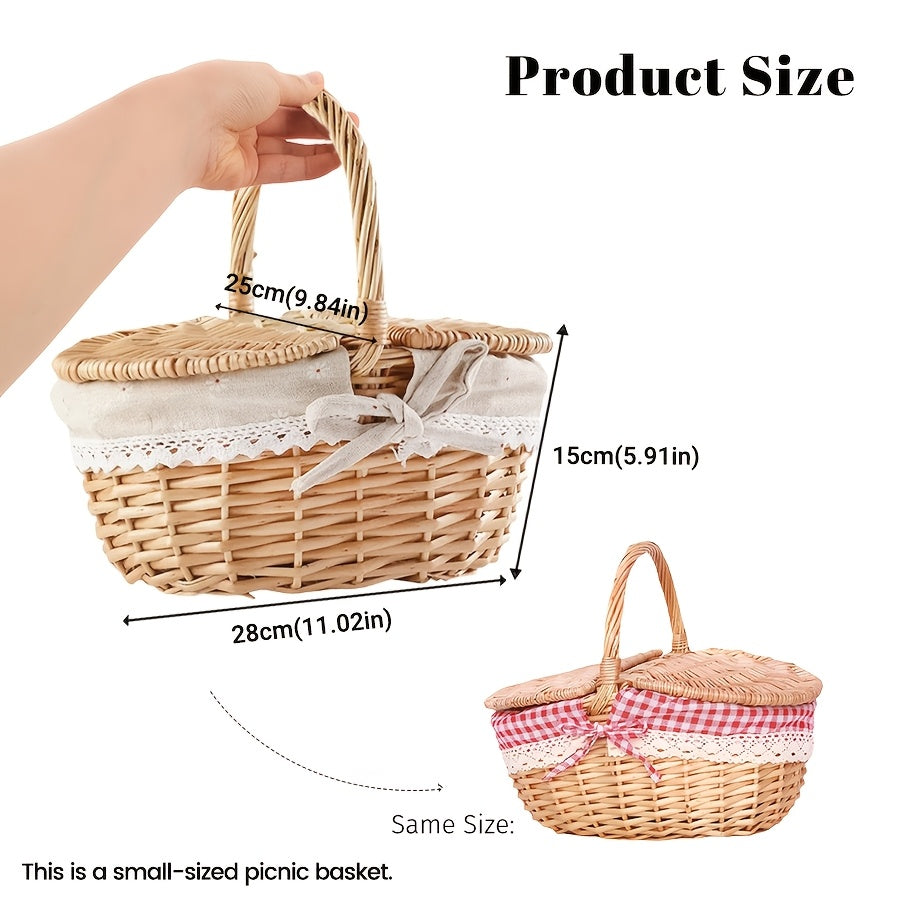Covered Picnic Basket | Portable Lined Outdoor Gift Travel Basket