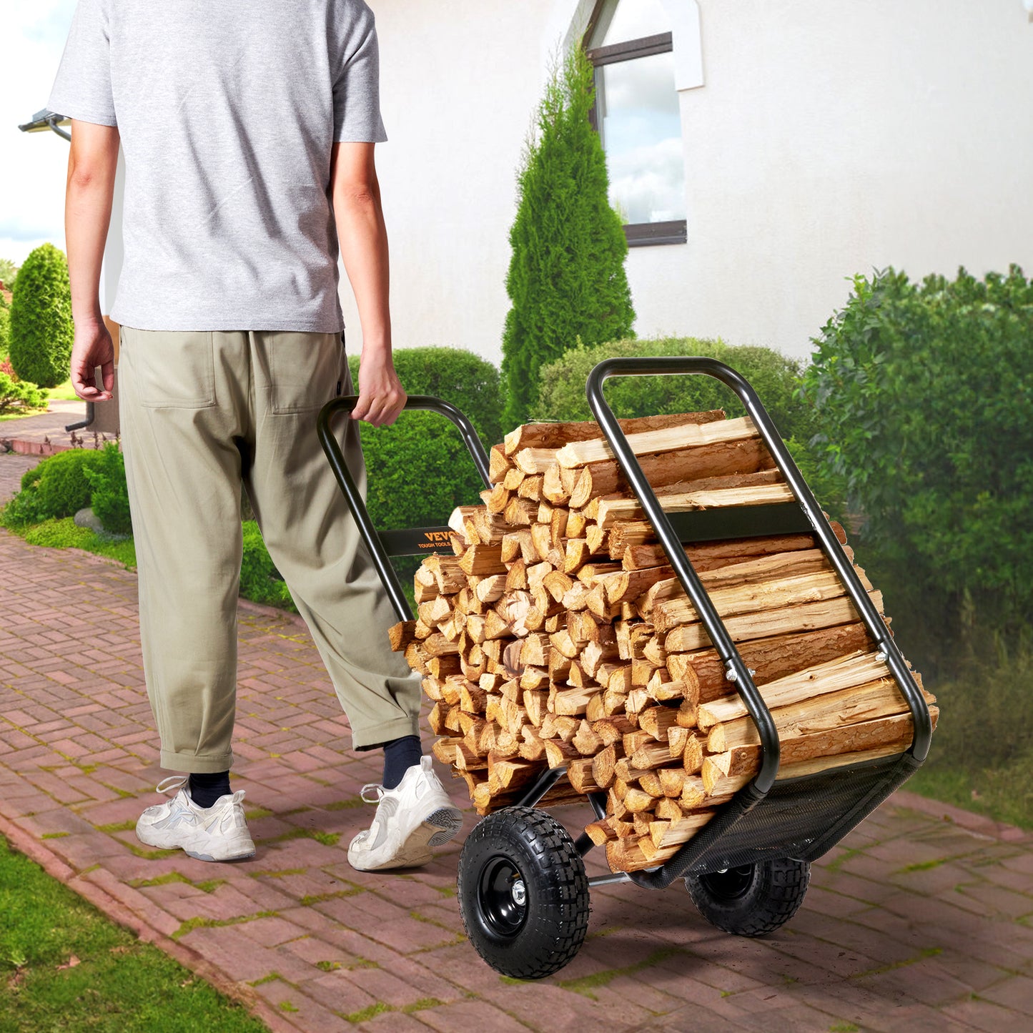 Firewood Log Cart Heavy Duty 250 lbs Capacity, Carbon Steel Wood Carrier with Pneumatic Rubber Wheels, Outdoor Indoor Log Hauler Dolly for Fireplace Fire Pit Camping
