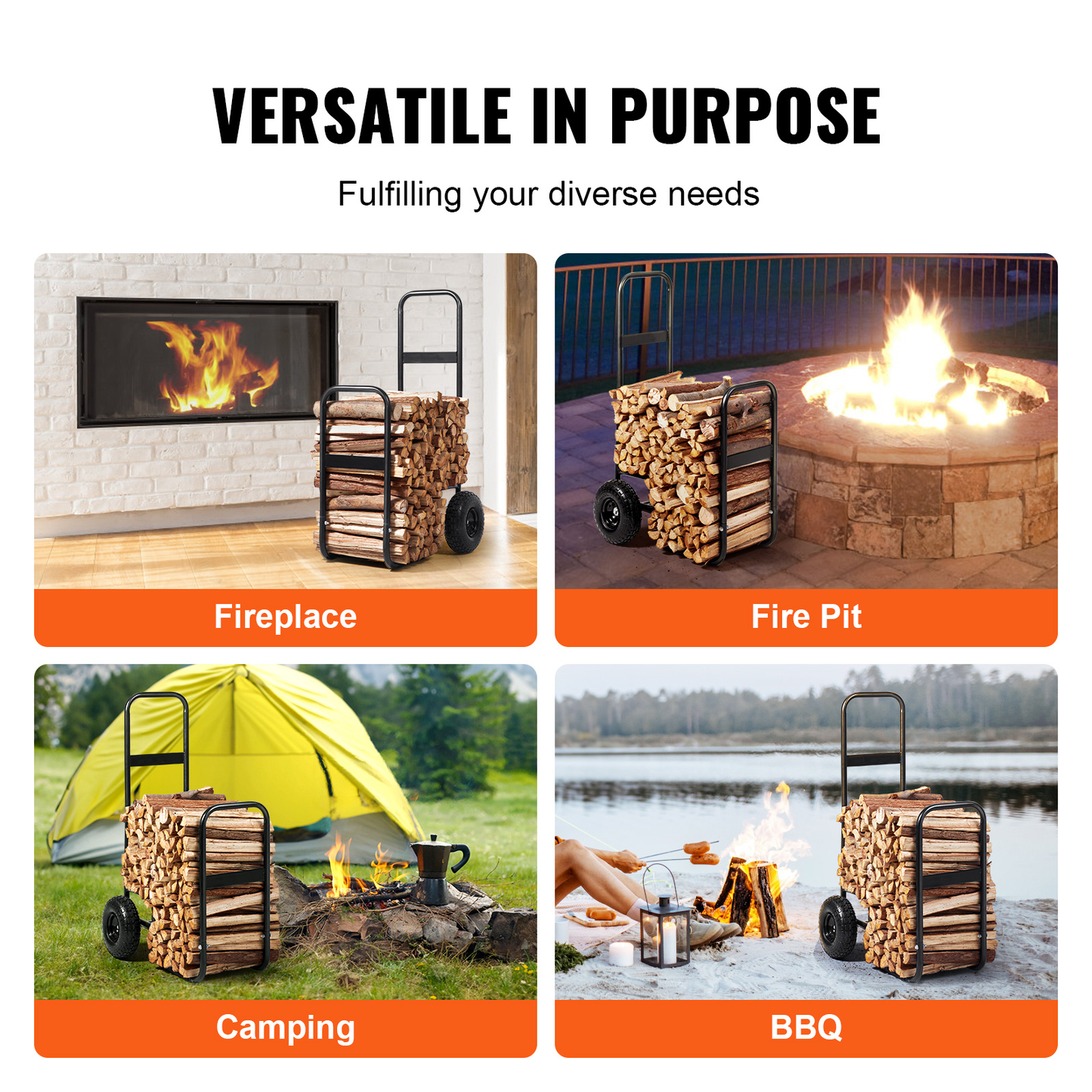 Firewood Log Cart Heavy Duty 250 lbs Capacity, Carbon Steel Wood Carrier with Pneumatic Rubber Wheels, Outdoor Indoor Log Hauler Dolly for Fireplace Fire Pit Camping